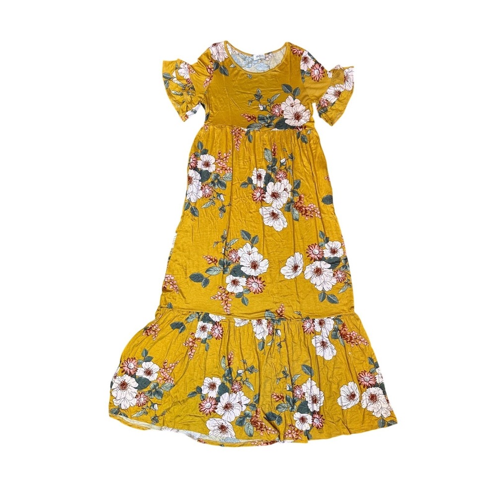 Hailey & Co Women Medium Mustard Floral Tiered Maxi Dress Flutter Sleeve MHD4167